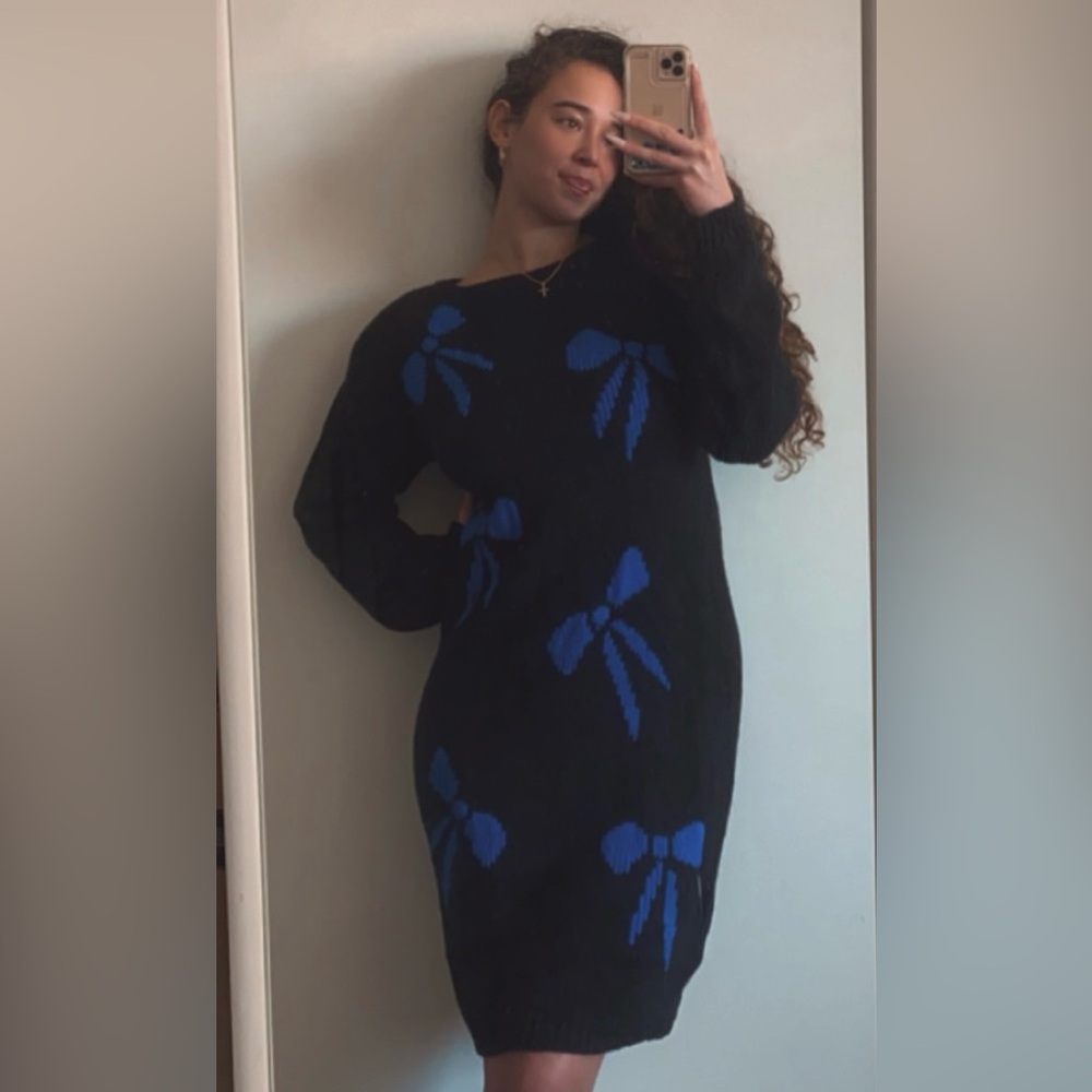 Vintage 80s Stitch by Stitch Knit Blue Bow Long Sleeve Knee Length Black Dress